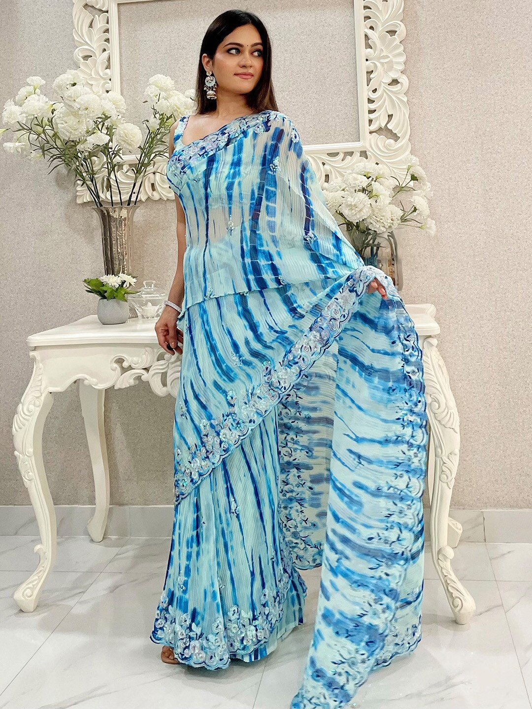 

Saree mall Tie and Dye Sequinned Poly Georgette Sarees, Blue