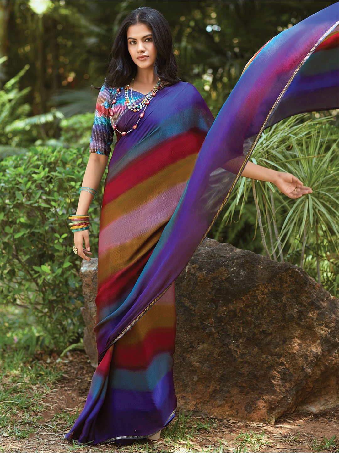 

Saree mall Ombre Beads and Stones Poly Chiffon Sarees, Purple