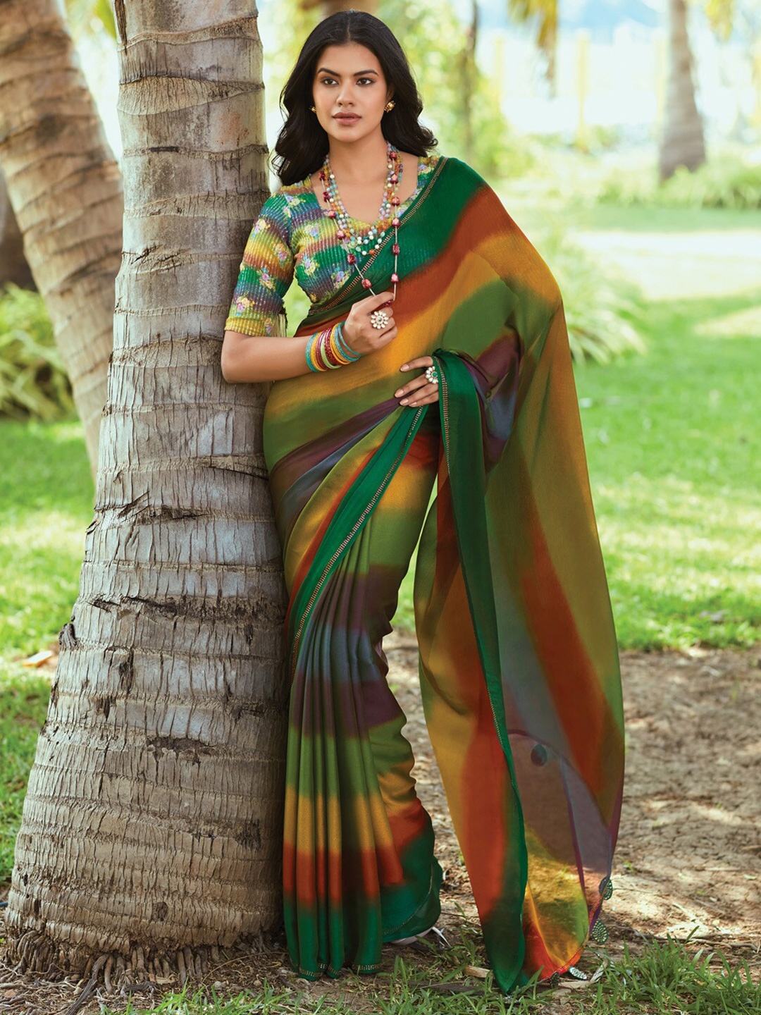 

Saree mall Striped Beads and Stones Poly Chiffon Sarees, Green