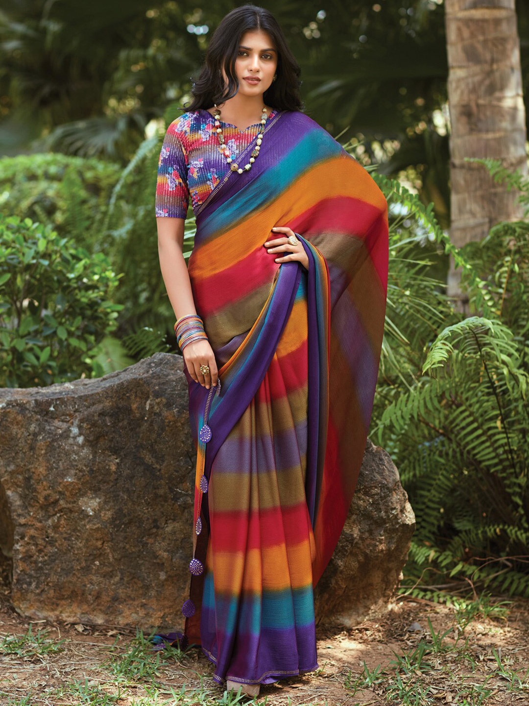 

Saree mall Striped Beads and Stones Poly Chiffon Sarees, Blue