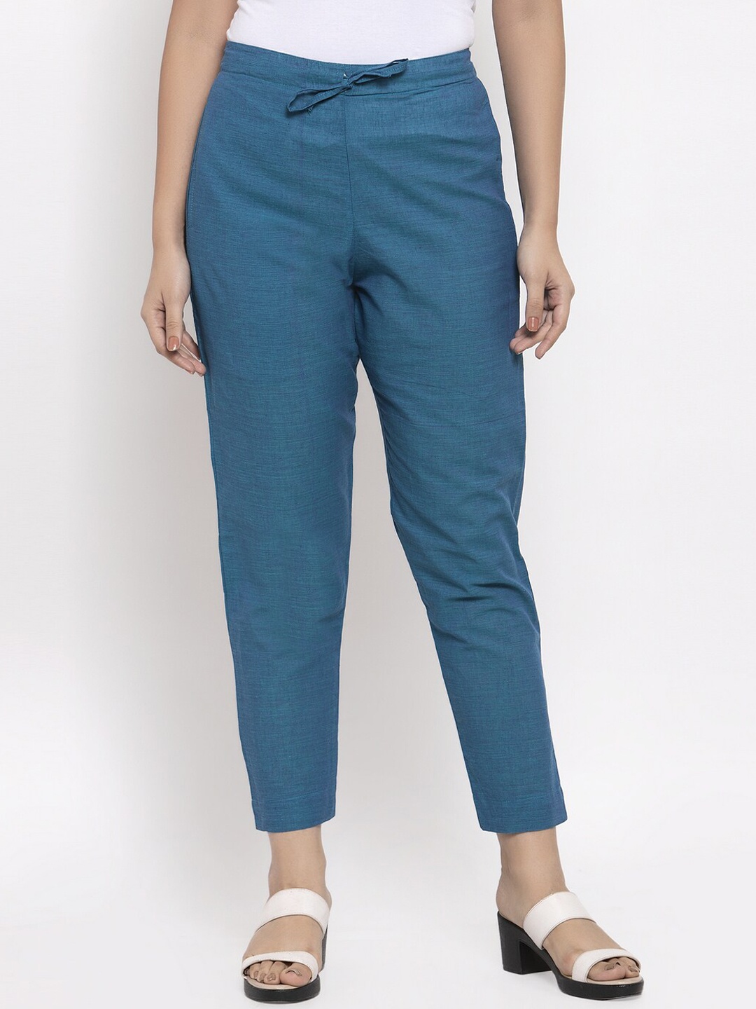 

Aarsha Women Relaxed Straight Leg Mid-Rise Cotton Cigarette Trousers, Blue