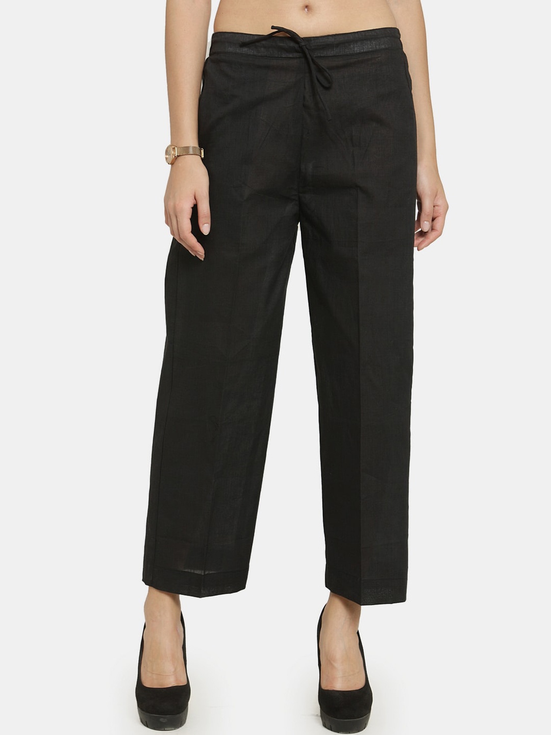 

Aarsha Women Relaxed Straight Leg Mid-Rise Cotton Plain Regular Trousers Trousers, Black