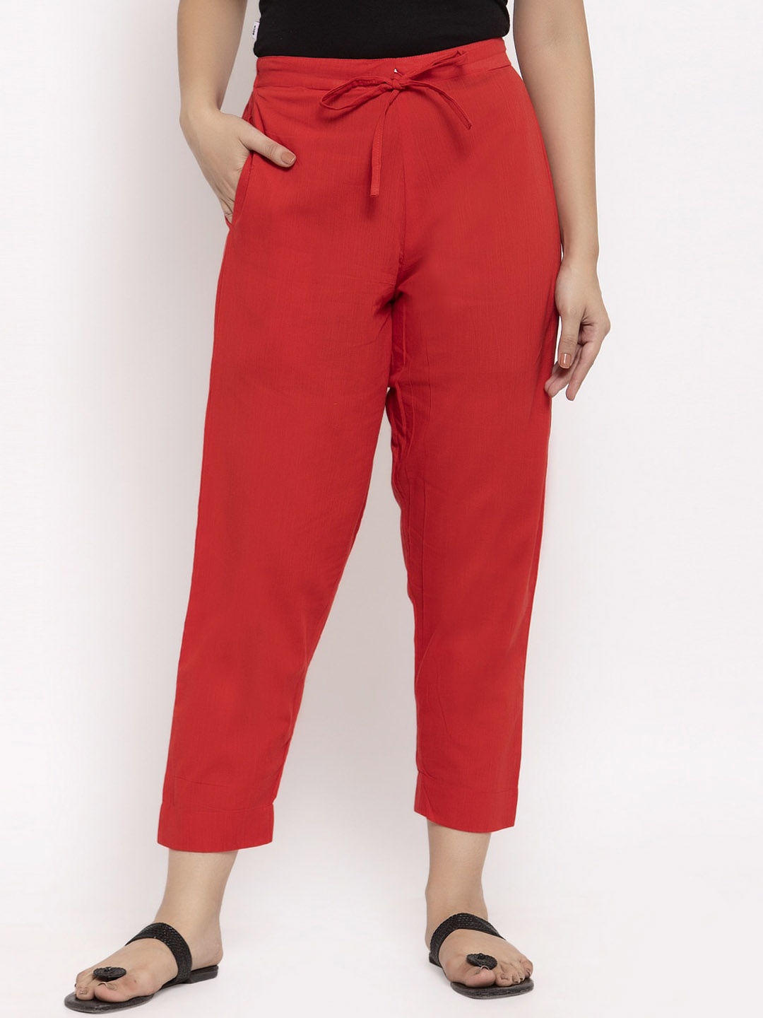 

Aarsha Women Relaxed Straight Leg Mid-Rise Cotton Plain Regular Trousers Trousers, Red