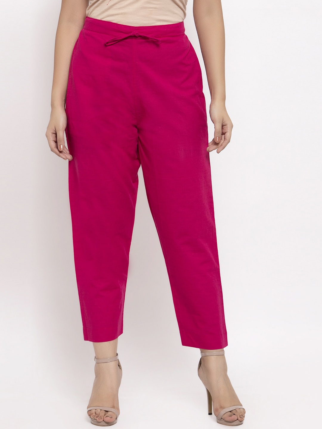 

Aarsha Women Relaxed Straight Leg Mid-Rise Cotton Plain Regular Trousers Trousers, Pink