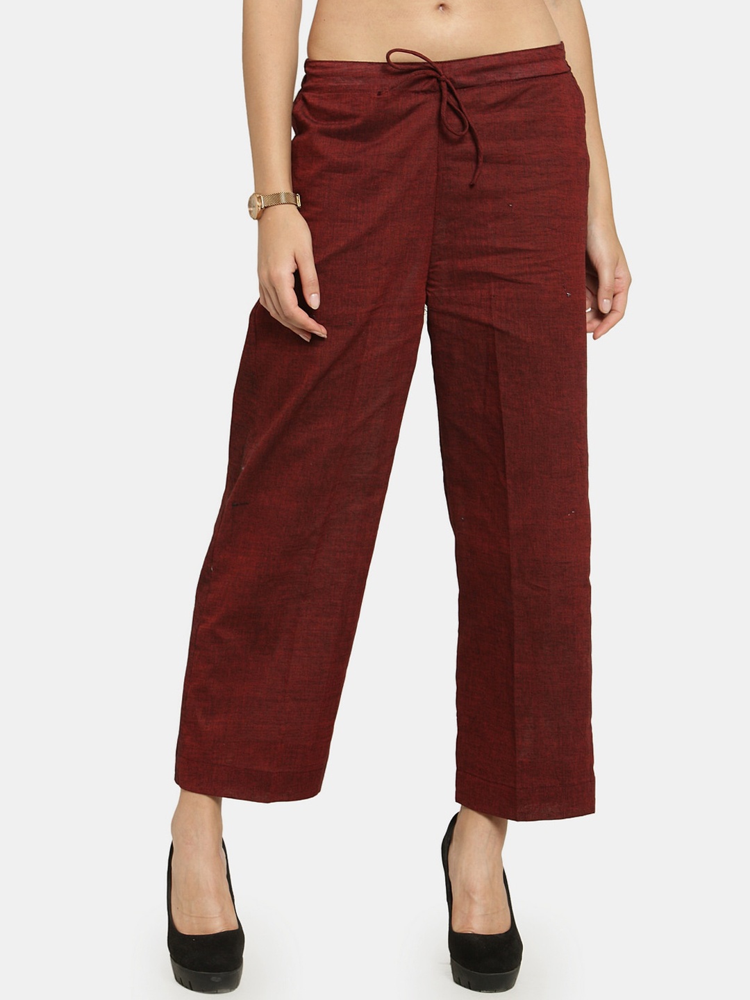 

Aarsha Women Relaxed Straight Leg Mid-Rise Cotton Plain Regular Trousers Trousers, Maroon