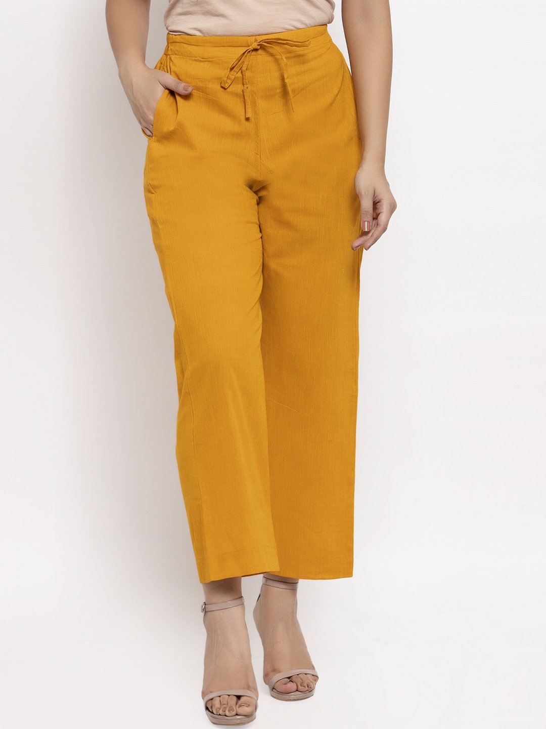 

Aarsha Women Relaxed Straight Leg Mid-Rise Cotton Plain Regular Trousers Trousers, Mustard