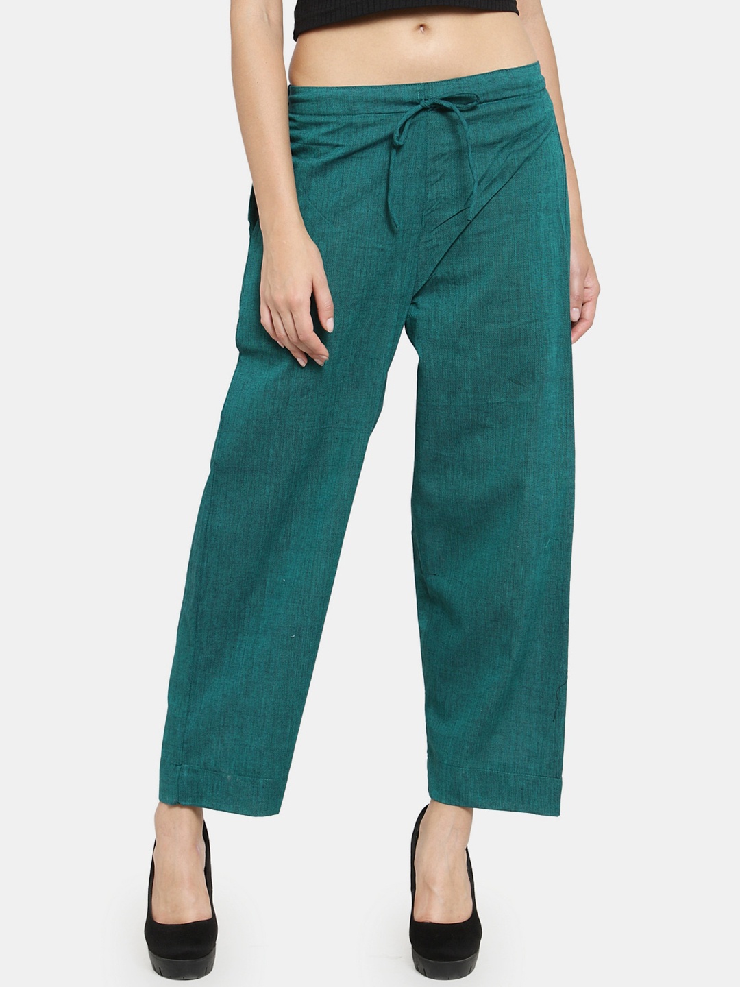 

Aarsha Women Relaxed Straight Leg Mid-Rise Cotton Plain Regular Trousers Trousers, Green