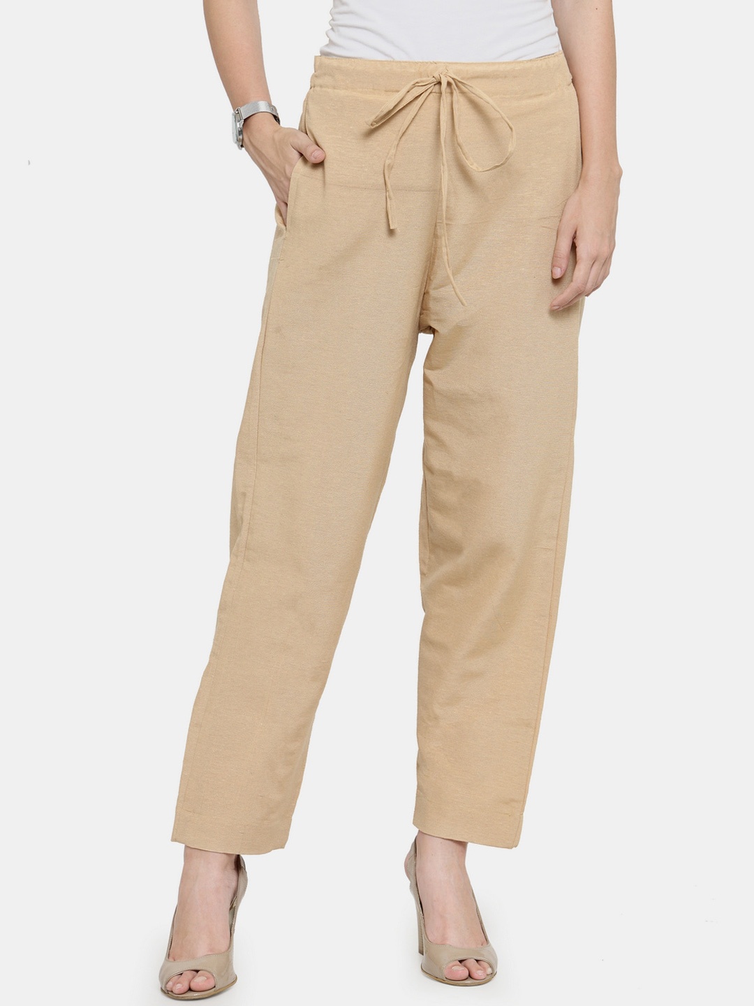 

Aarsha Women Relaxed Straight Leg Mid-Rise Cotton Culotte Trousers, Beige