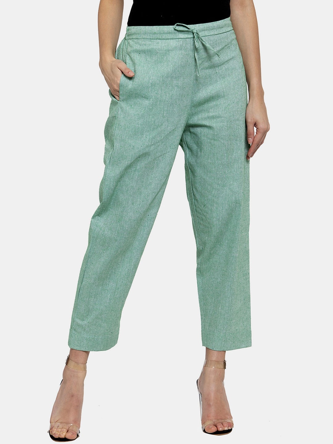 

Aarsha Women Relaxed Straight Leg Mid-Rise Cotton Plain Regular Trousers Trousers, Teal