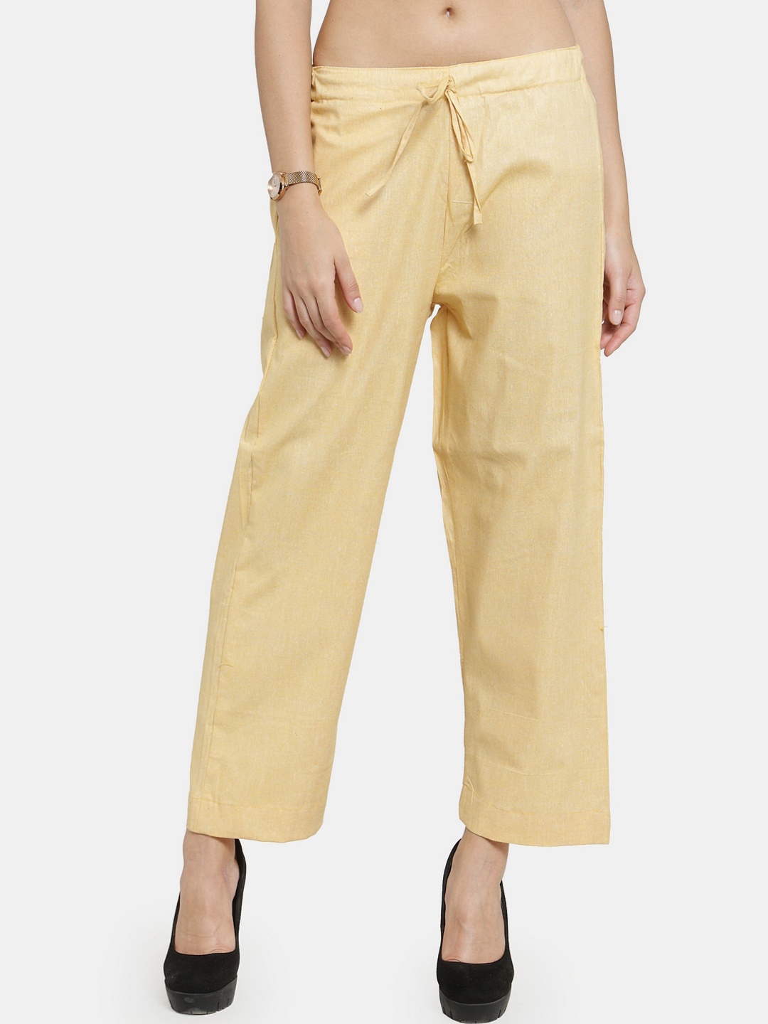 

Aarsha Women Relaxed Straight Leg Mid-Rise Cotton Plain Regular Trousers Trousers, Yellow