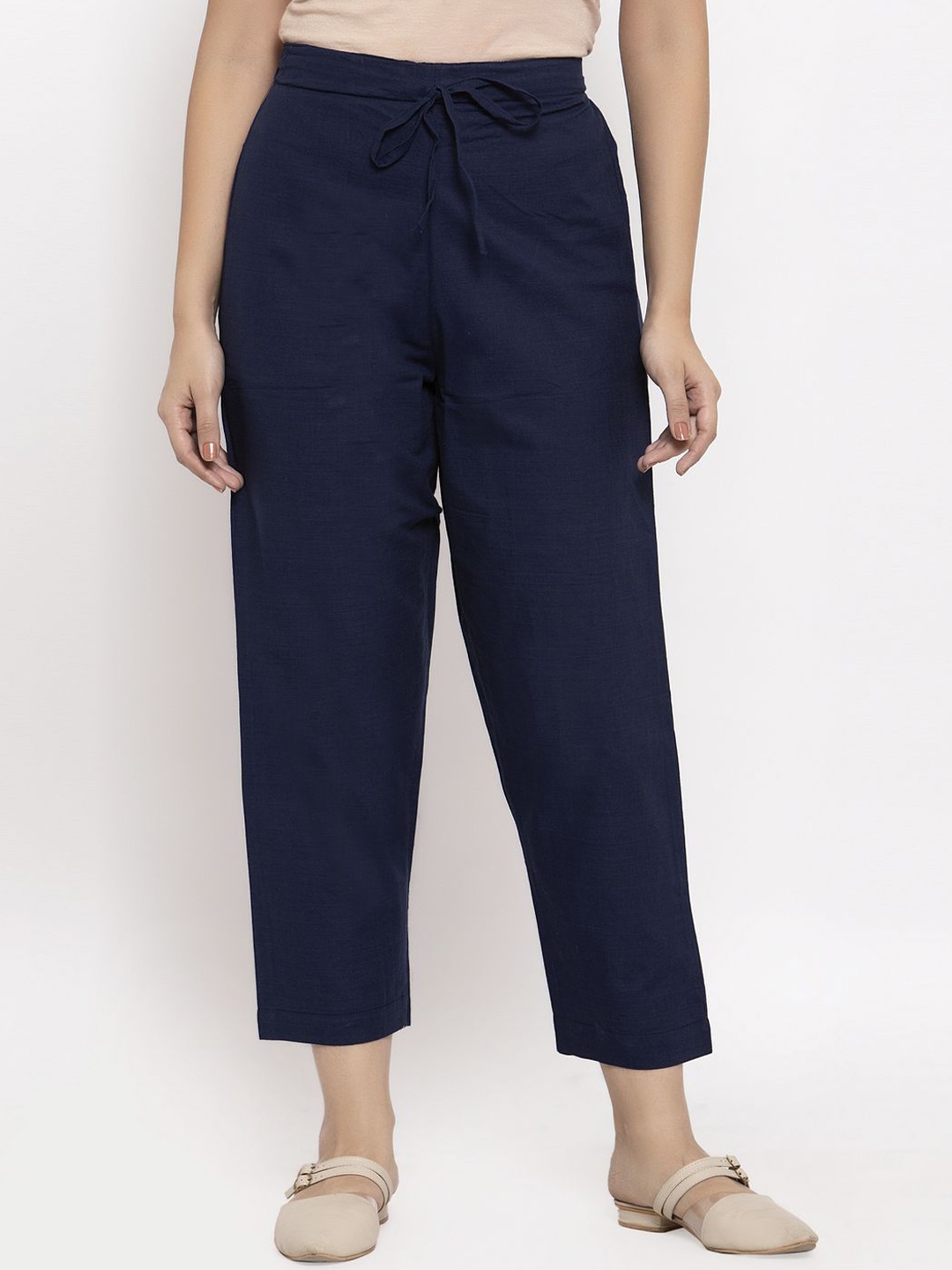 

Aarsha Women Relaxed Straight Leg Mid-Rise Cotton Regular Trousers, Blue