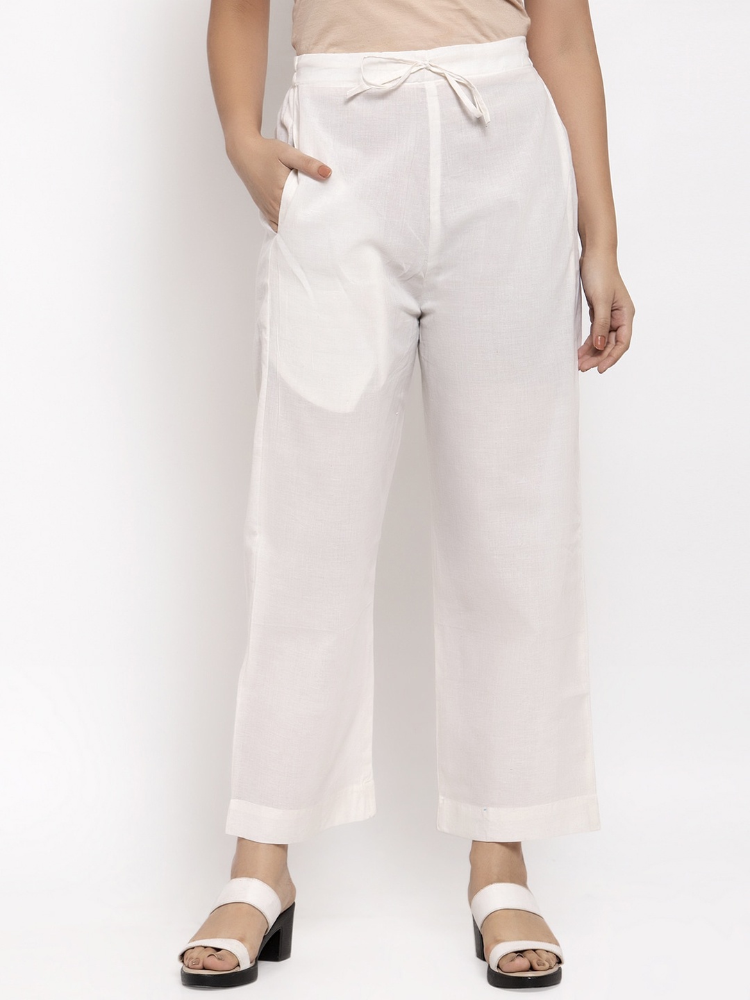 

Aarsha Women Relaxed Straight Leg Mid-Rise Cotton Plain Regular Trousers Trousers, White