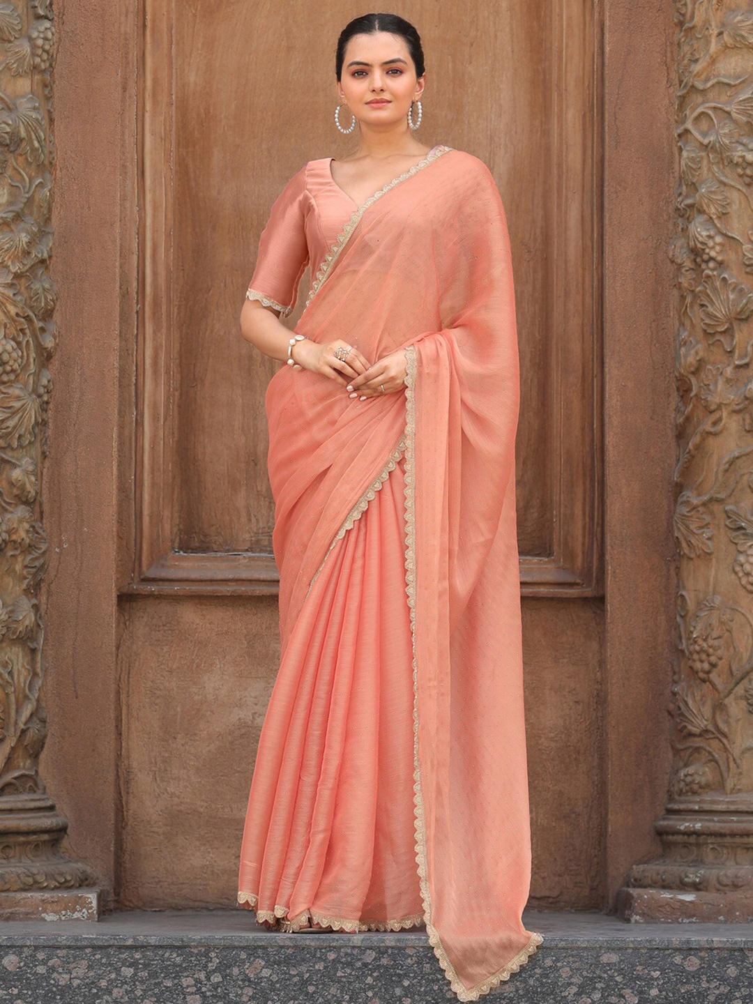 

Saree mall Embellished Beads and Stones Organza Sarees, Peach