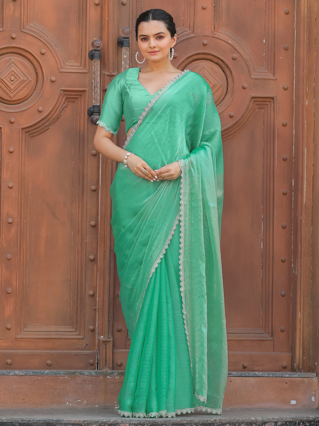 

Saree mall Embellished Beads and Stones Organza Sarees, Turquoise blue