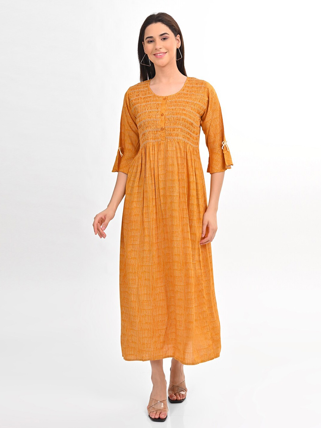

GOLDSTROMS Printed Smoking Detail Maxi Ethnic Dress, Mustard