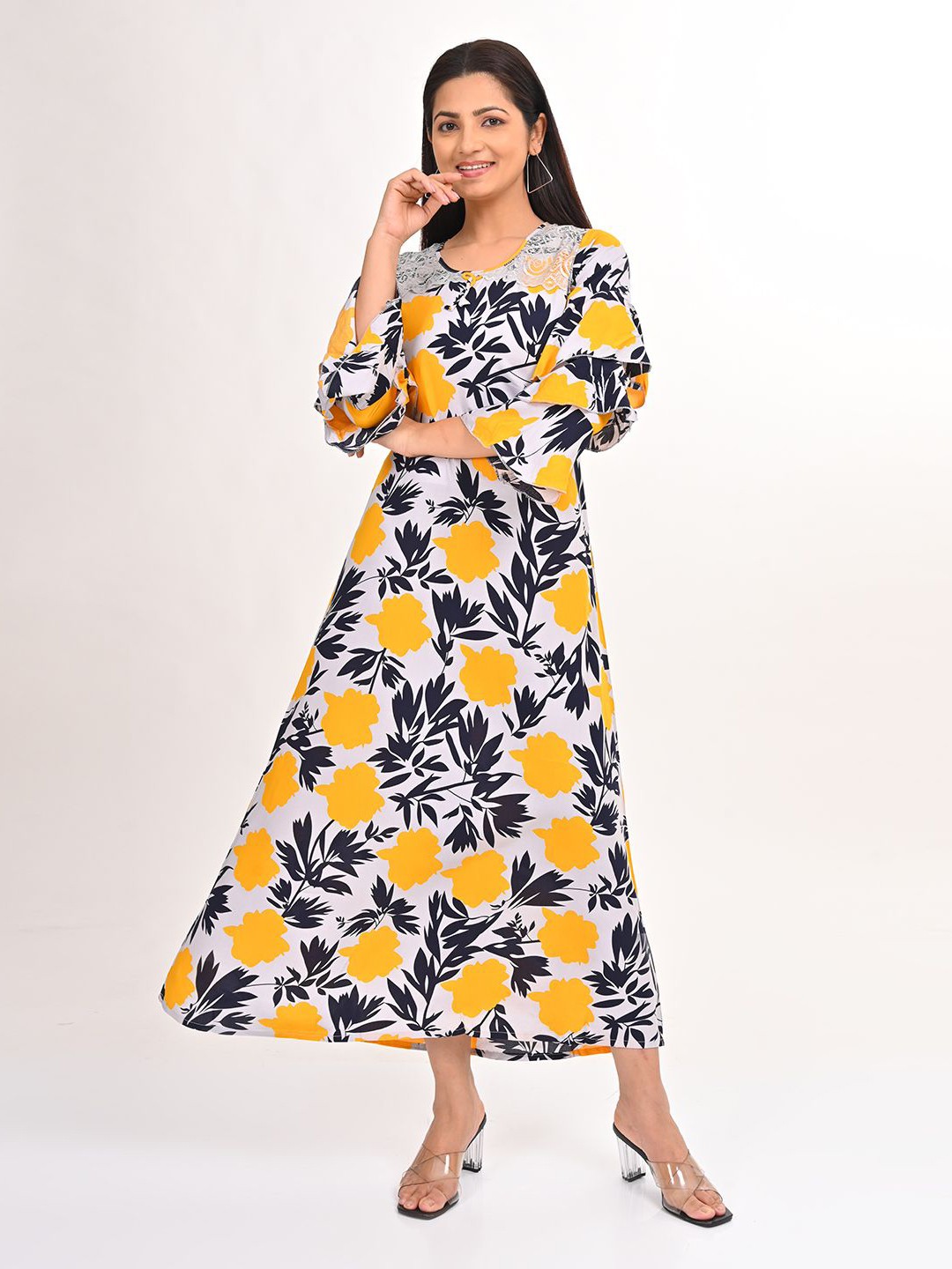 

GOLDSTROMS Floral Printed A-Line Maxi Dress, Grey