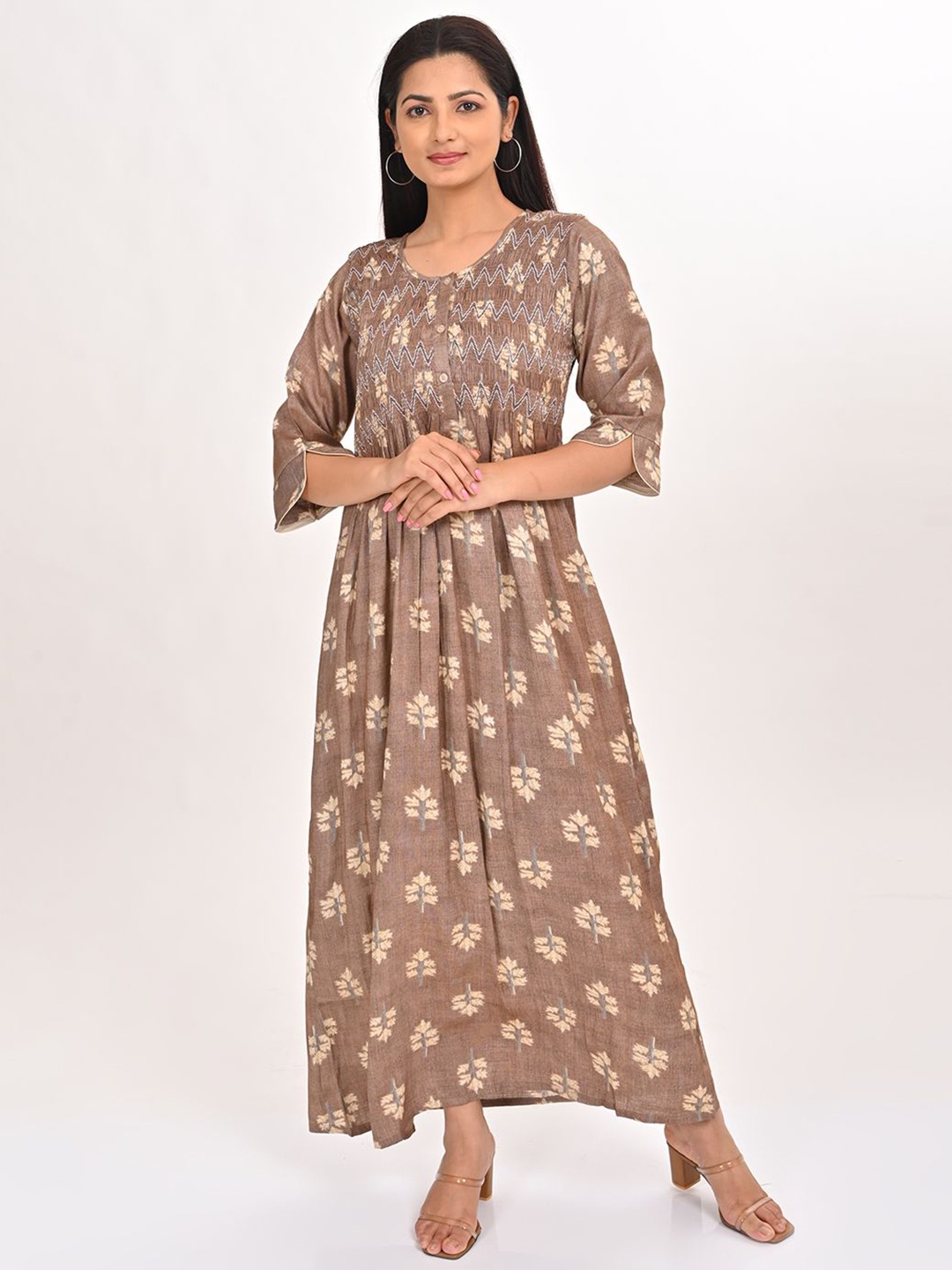 

GOLDSTROMS Floral Printed Smoking Detail A-Line Maxi Ethnic Dress, Brown