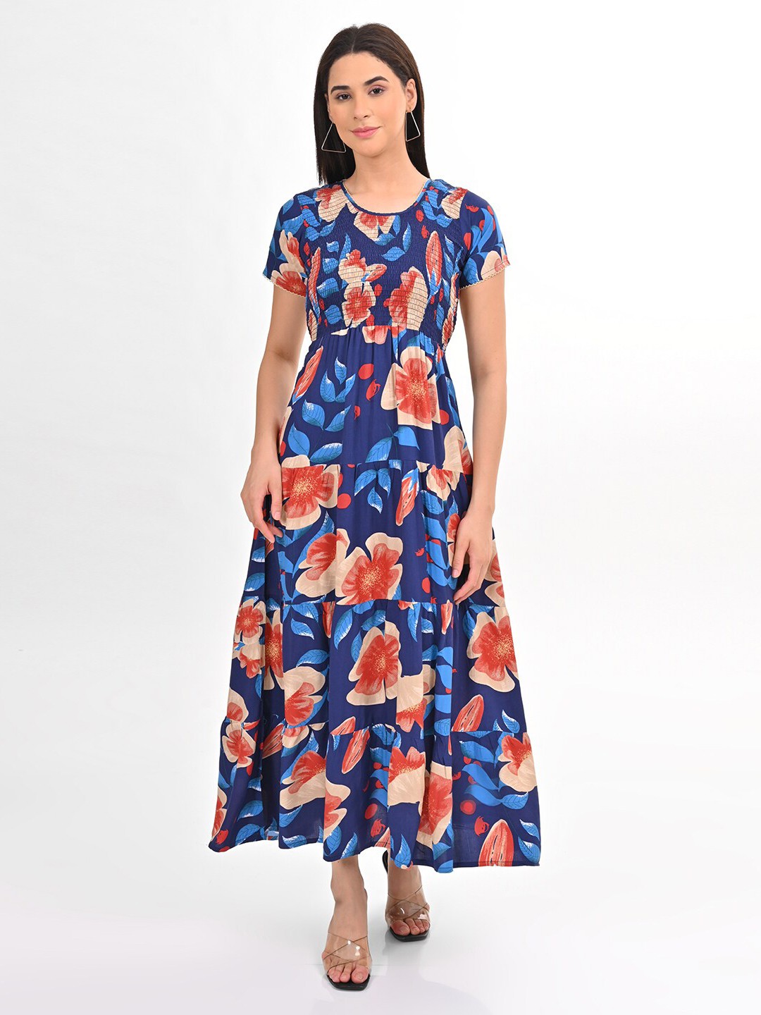 

GOLDSTROMS Floral Printed Layered Maxi Ethnic Dress, Navy blue