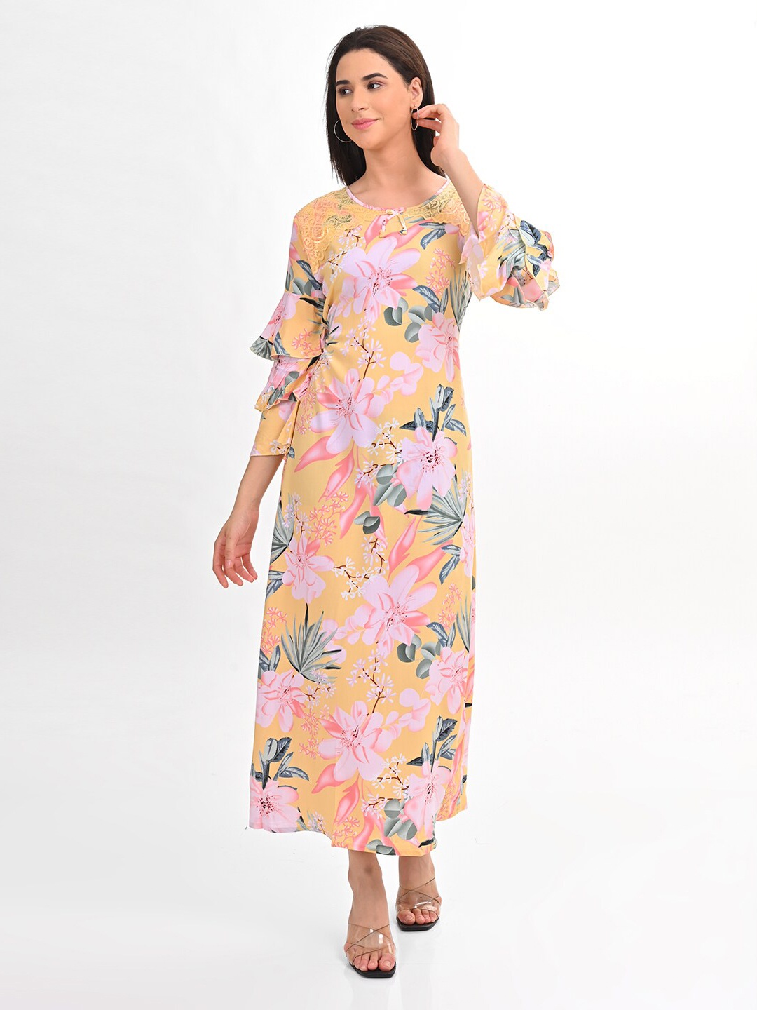 

GOLDSTROMS Floral Printed A-Line Maxi Dress, Yellow
