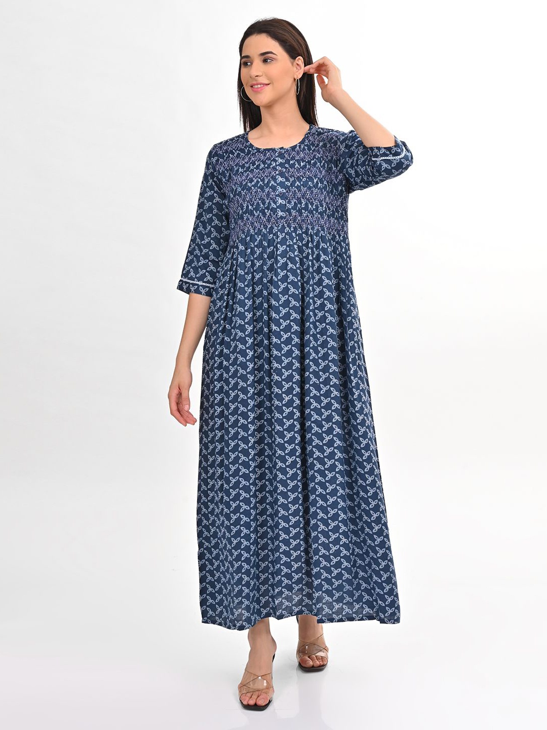 

GOLDSTROMS Print Smoking Detail A-Line Maxi Ethnic Dress, Blue