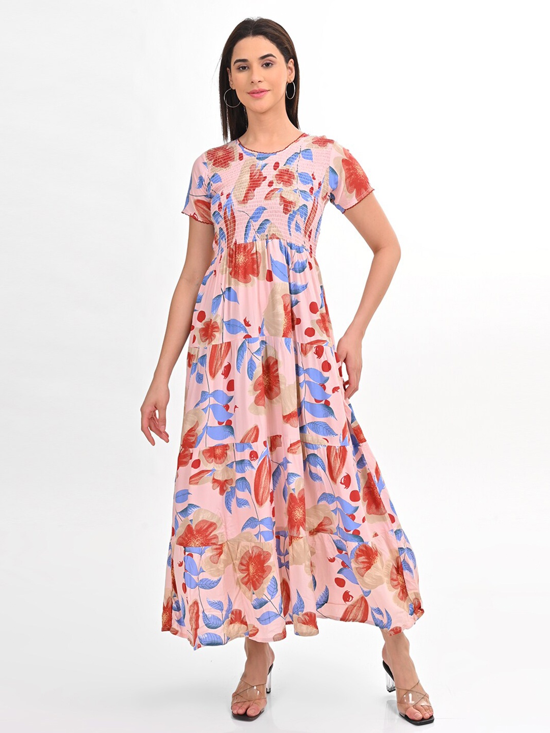 

GOLDSTROMS Women Floral Printed Semi Ghagra Fit and Flare Maxi Ethnic Dress, Pink