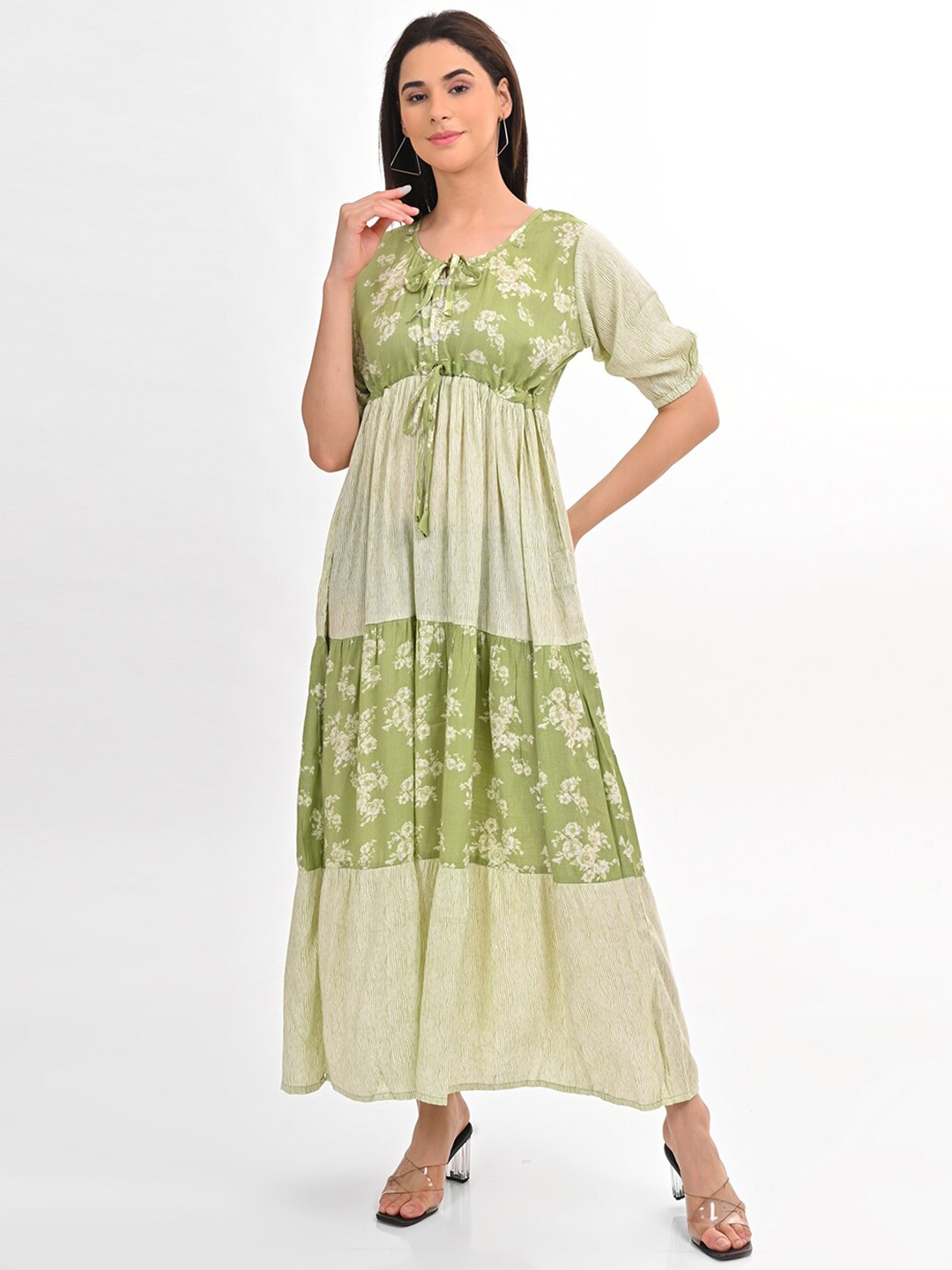 

GOLDSTROMS Floral Printed Tie-Up Neck A-Line Maxi Dress, Green