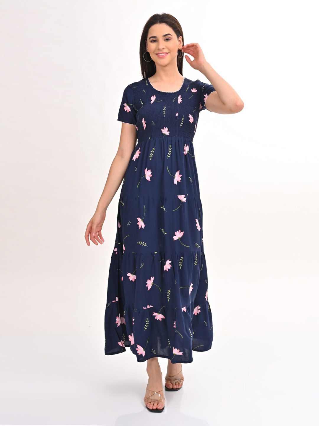 

GOLDSTROMS Floral Printed A-Line Maxi Ethnic Dress, Navy blue
