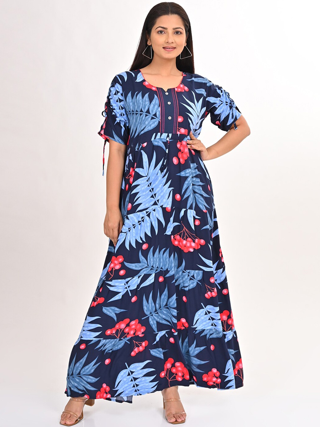 

GOLDSTROMS Tropical Printed A-Line Maxi Ethnic Dress, Navy blue