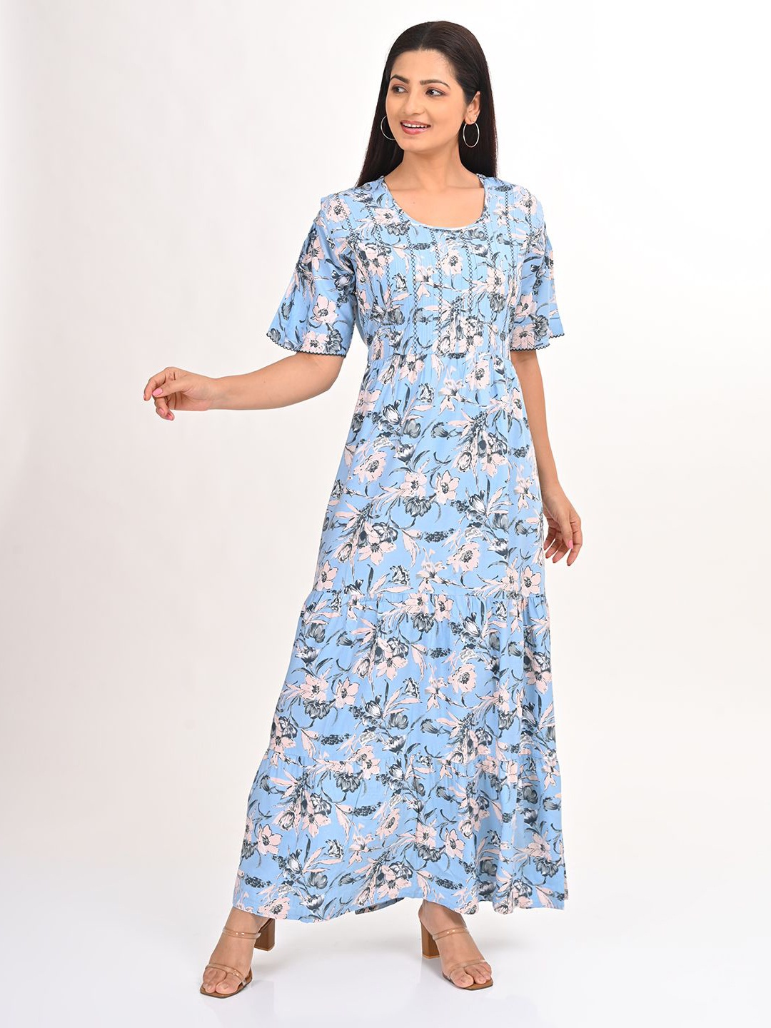 

GOLDSTROMS Women Floral Printed Flared Maxi Ethnic Dress, Blue
