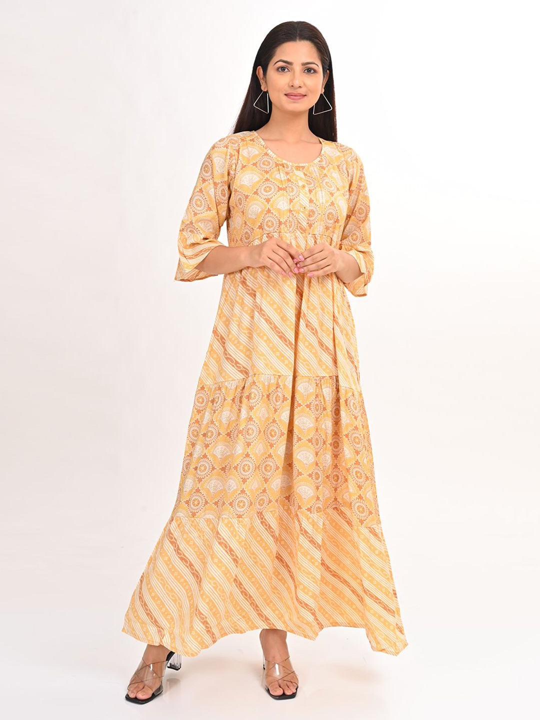 

GOLDSTROMS Women Printed A-Line Maxi Ethnic Dress, Yellow