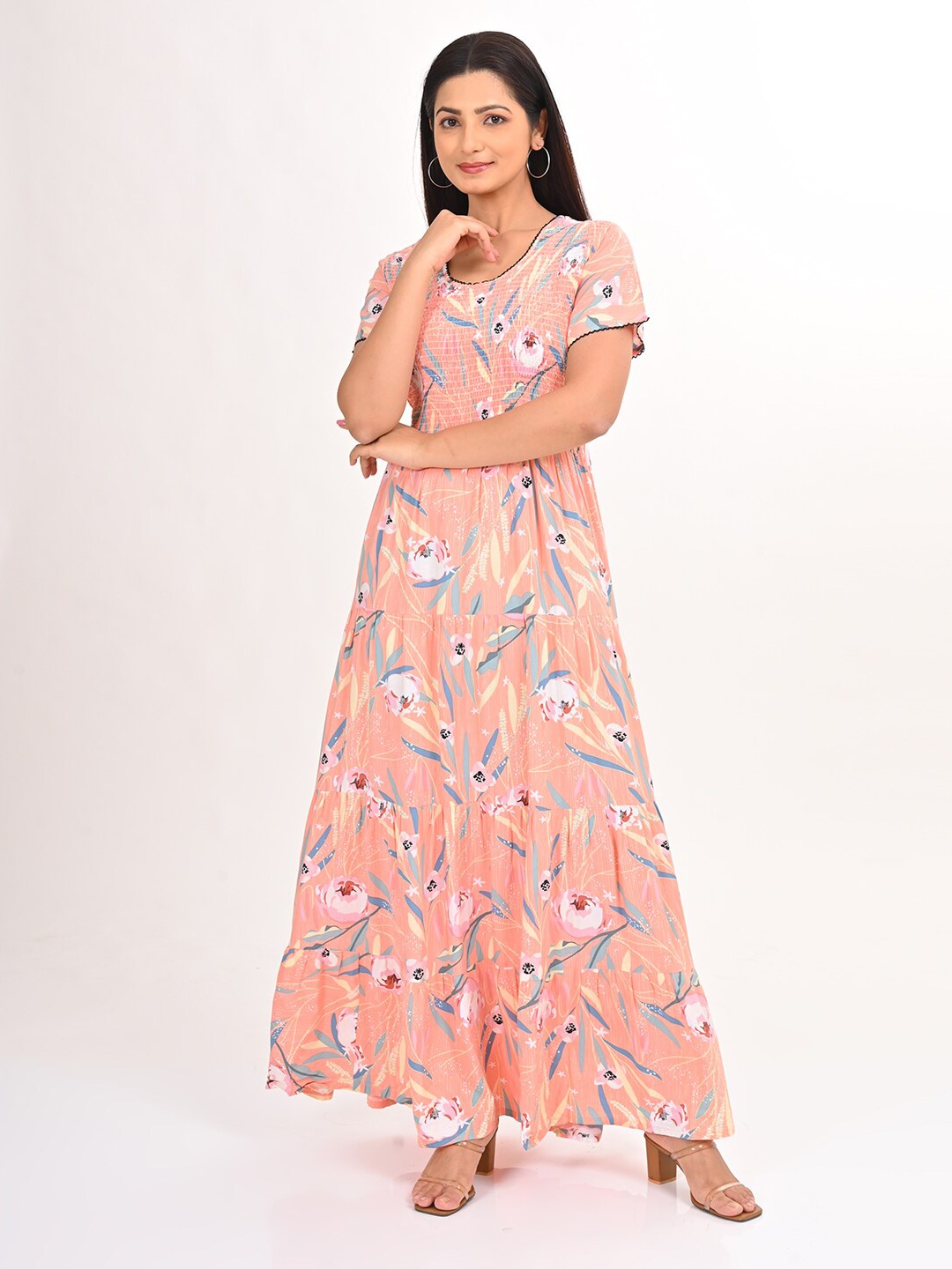 

GOLDSTROMS Printed Flared Maxi Ethnic Dress, Peach