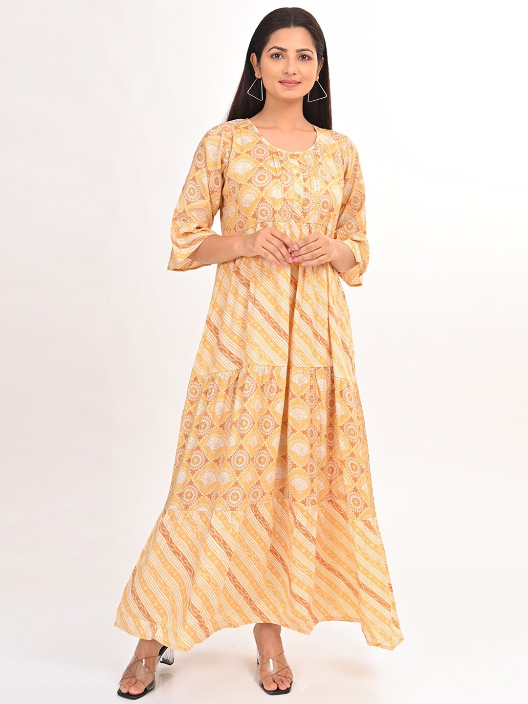 

GOLDSTROMS Women Printed Maxi Ethnic Dress, Yellow