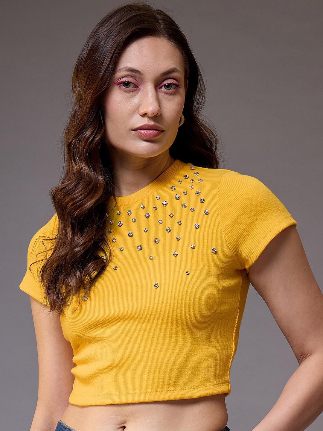 

STYLECAST X KASSUALLY Women Embellished Round Neck Crop Top, Yellow