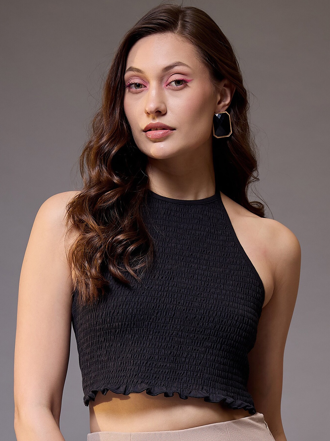 

STYLECAST X KASSUALLY Women Halter Neck Smoked Styled Back Crop Top, Black