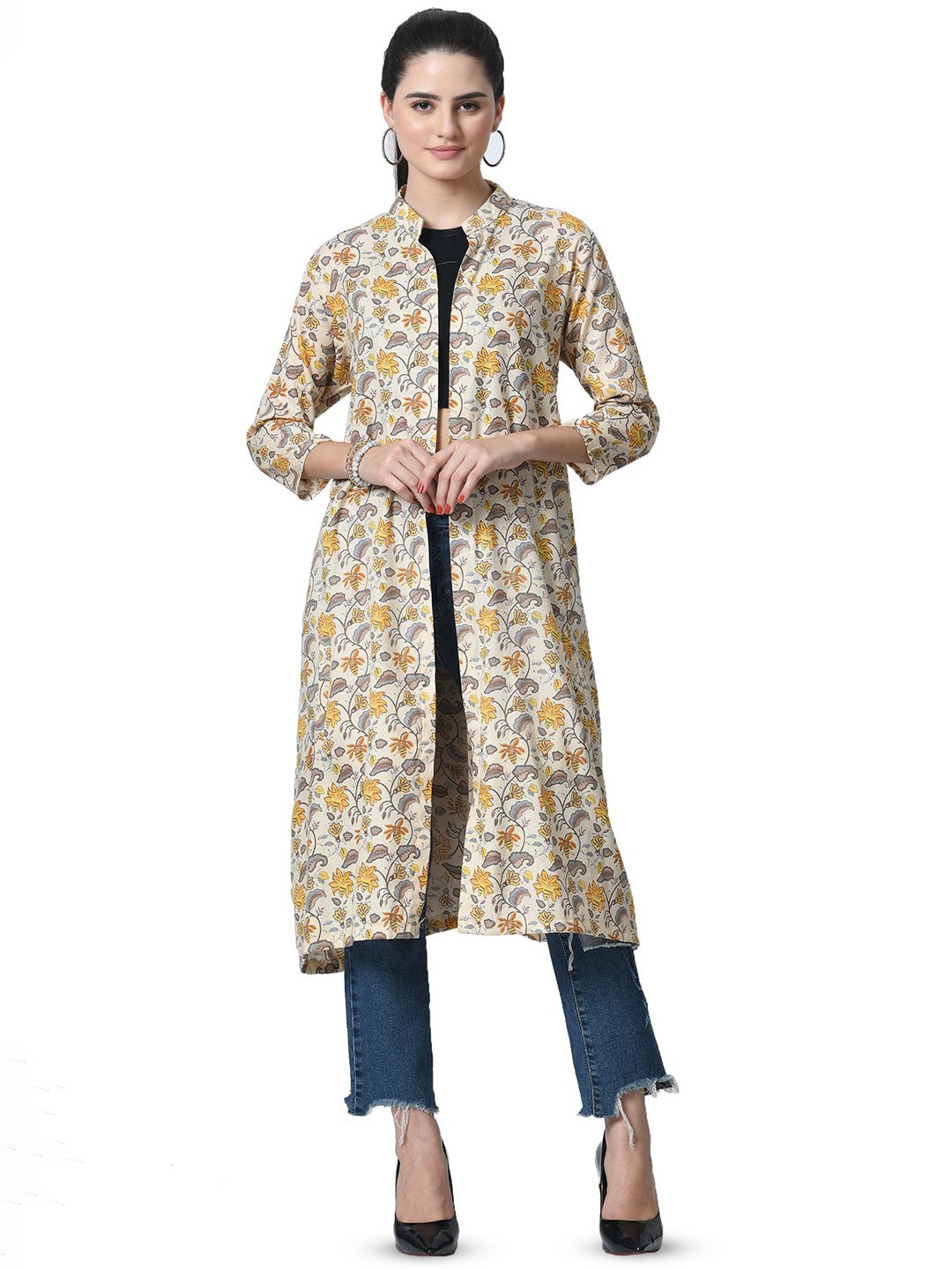 

BAESD Women Floral Printed Cotton Longline Shrug, Beige
