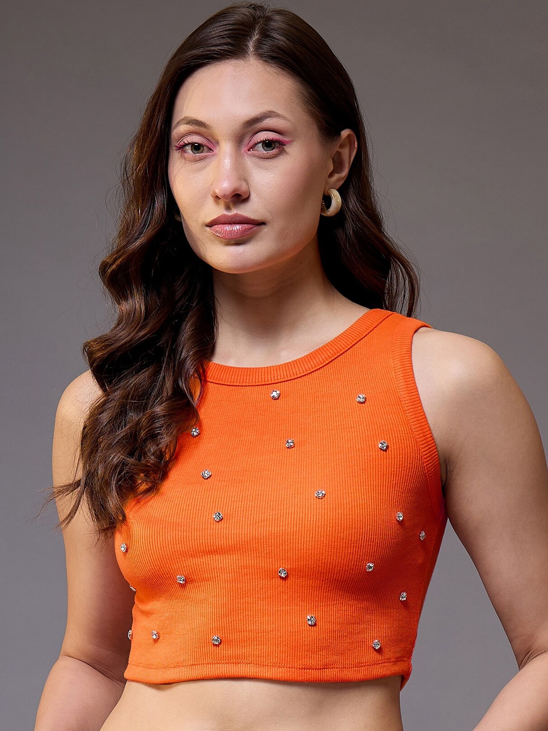 

STYLECAST X KASSUALLY Women Embellished Round Neck Crop Top, Orange