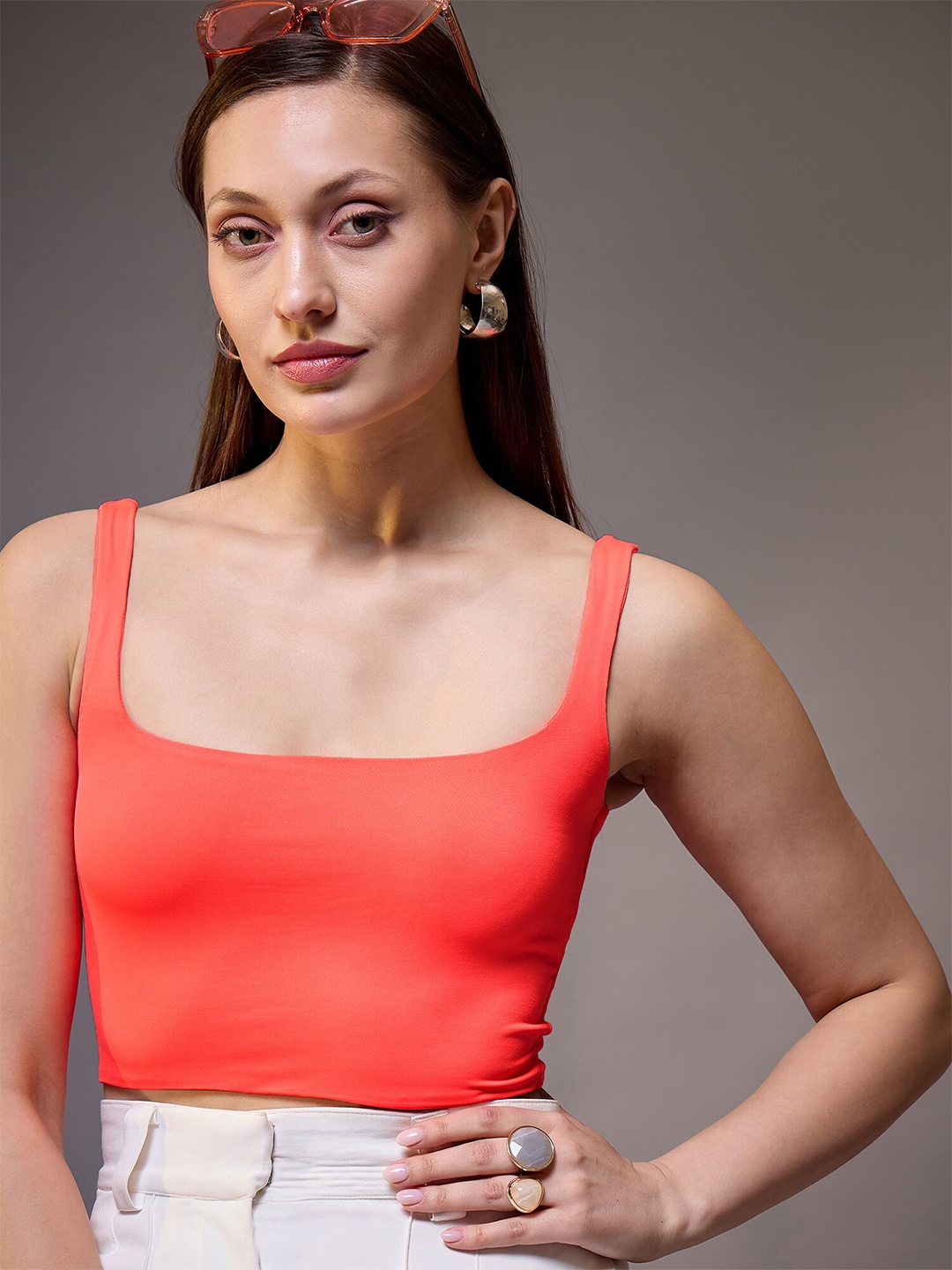 

STYLECAST X KASSUALLY Women Square Neck Sleeveless Crop Top, Orange