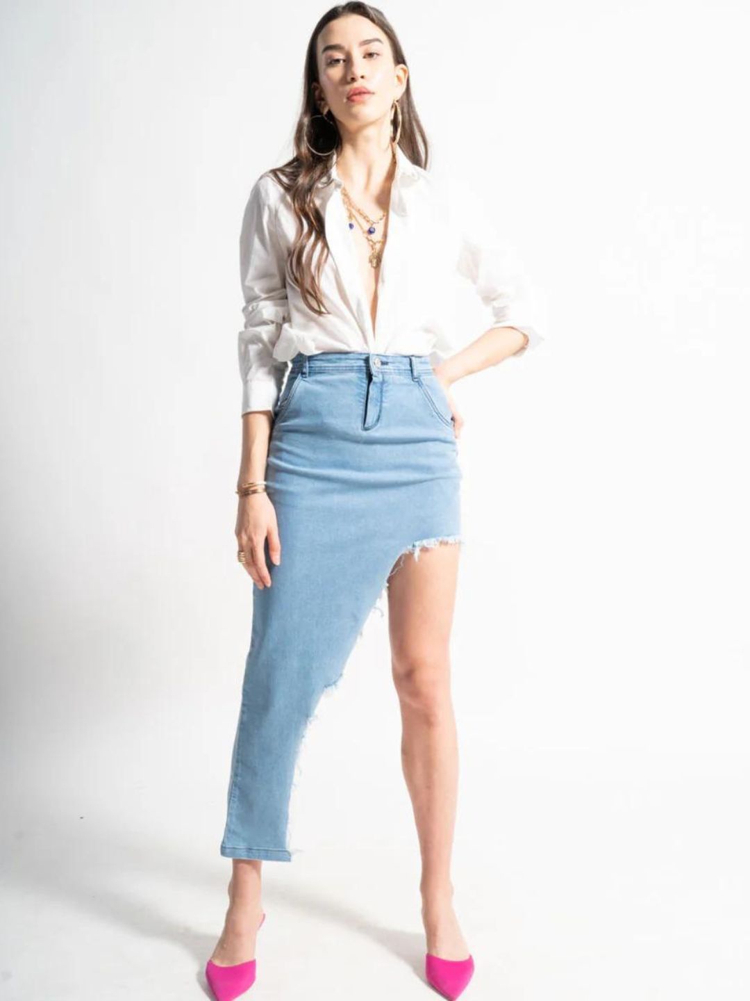 

HEY MISSY Washed Asymmetric Denim Midi Skirt, Blue