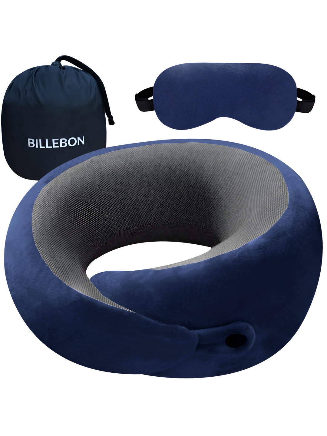 

BILLEBON Navy Blue Velvet Travel Pillow With Eye Mask and Carry Bag