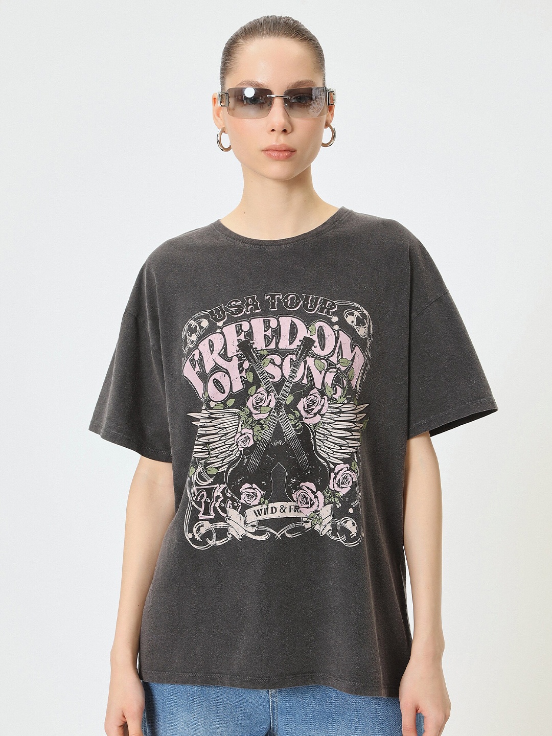 

Koton Women Graphic Printed Extended Sleeves T-shirt, Grey