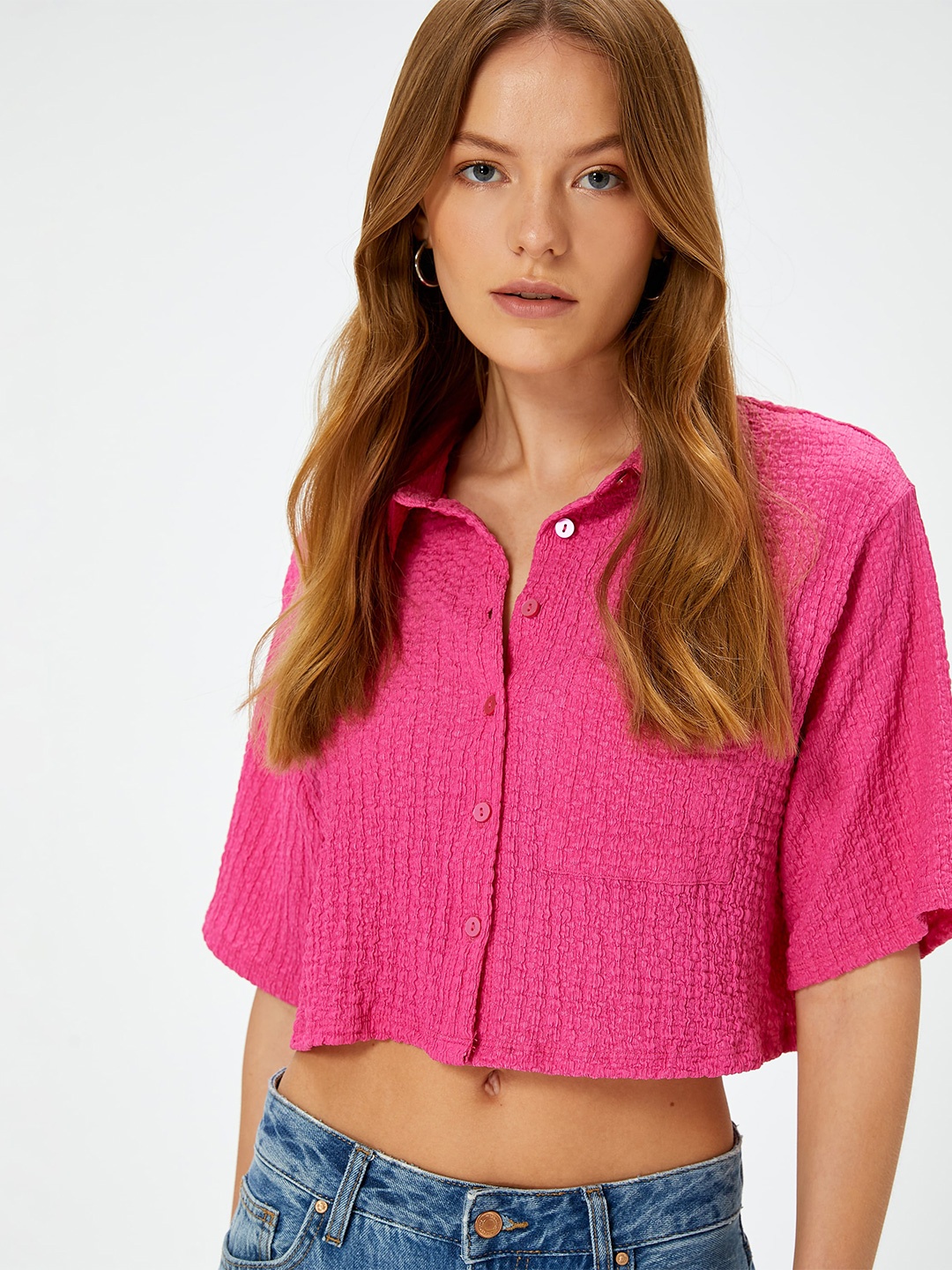 

Koton Women Solid Polo Collar Pockets T-shirt, Pink