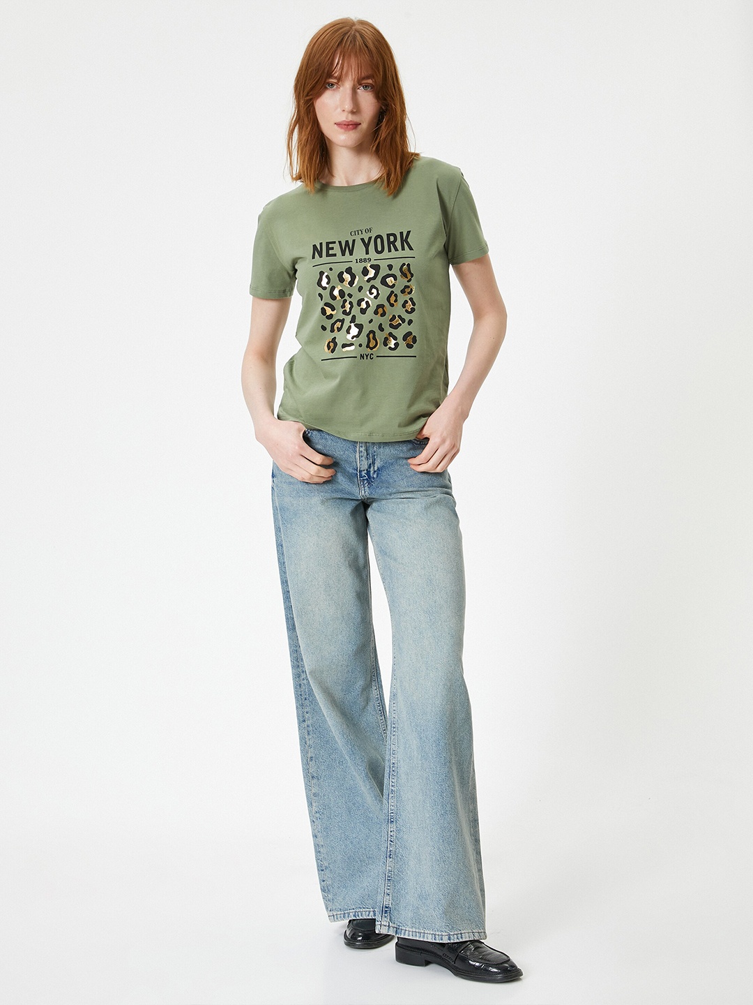 

Koton Women Typography Printed Round Neck T-shirt, Green
