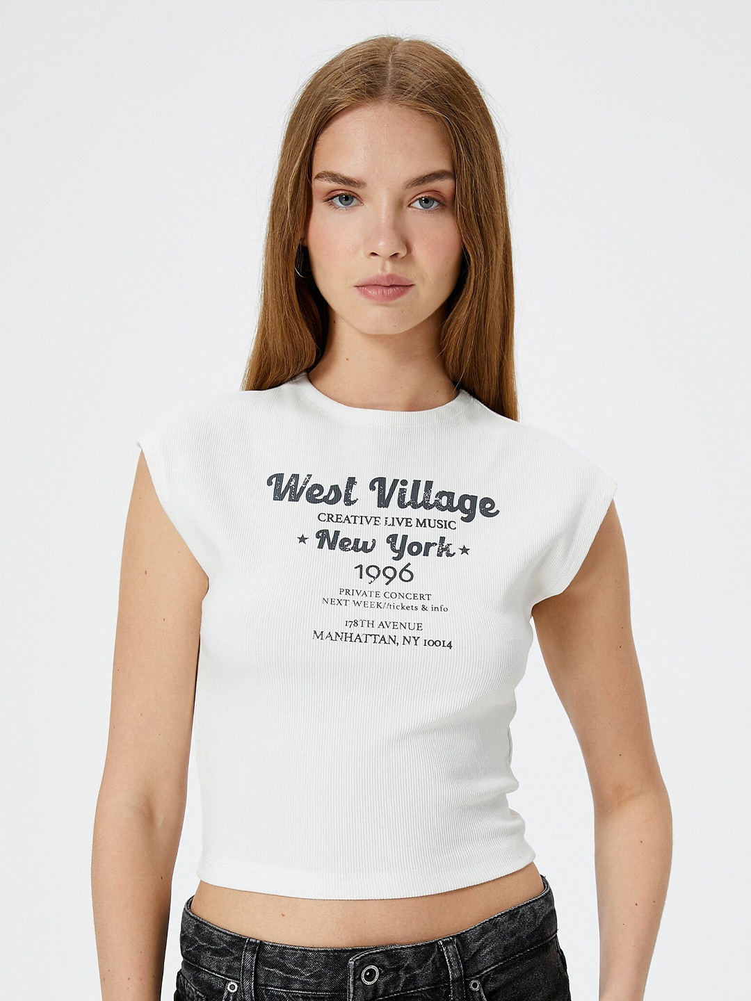 

Koton Women Typography Printed Regular Sleeves Slim Fit T-shirt, White