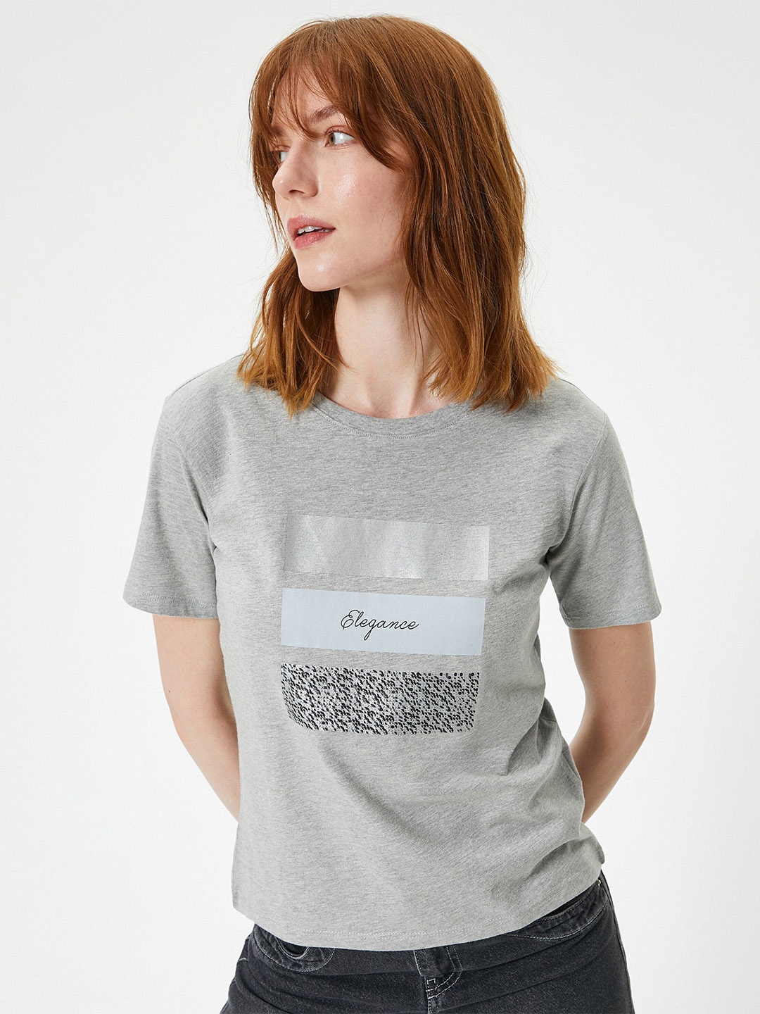 Koton Women Typography Printed Round Neck T-shirt, Grey