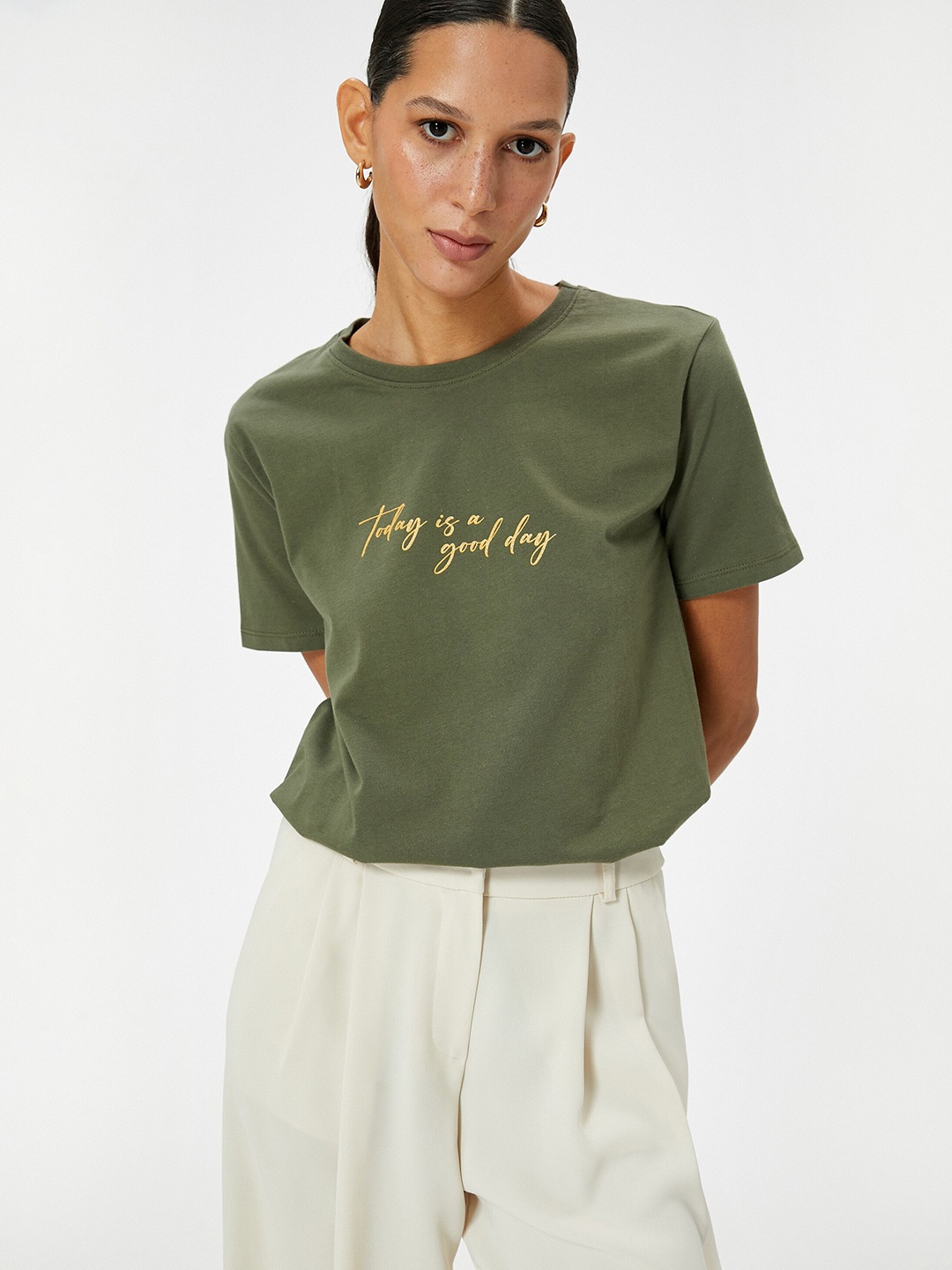 Koton Women Typography Round Neck T-shirt, Khaki