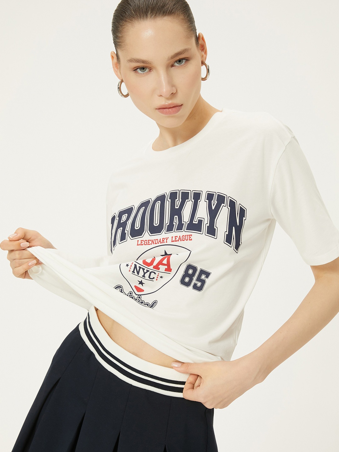 

Koton Women Typography Printed Round Neck T-shirt, Beige