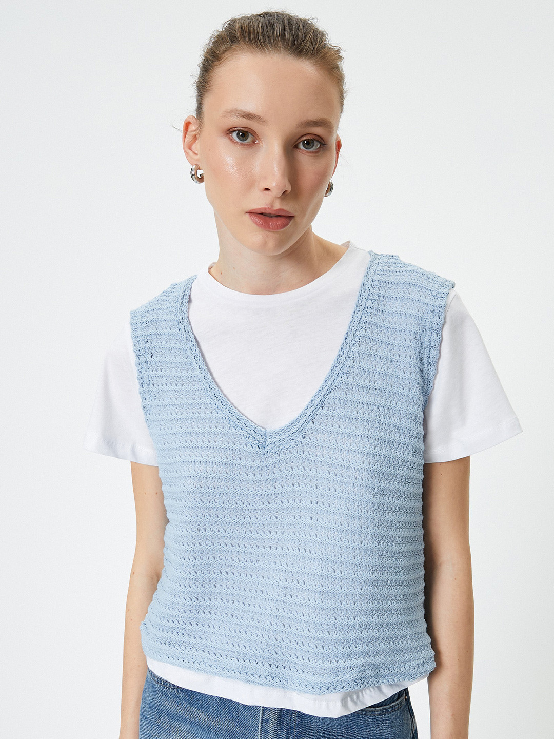 

Koton Women Striped V-Neck T-shirt, Blue