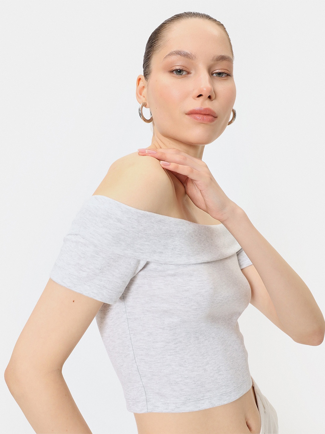 

Koton Women Off-Shoulder Bardot Crop Top, Grey