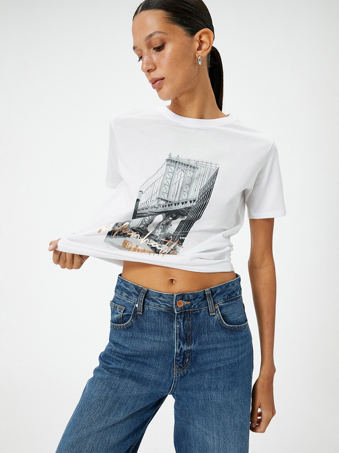

Koton Women Printed Round Neck Cotton T-shirt, White