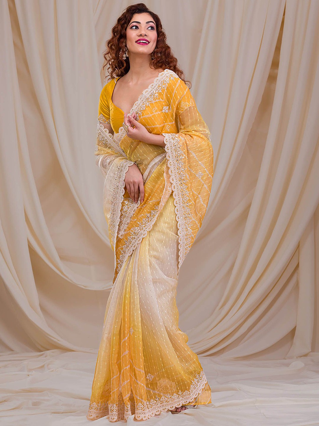 

Jinal & Jinal Ombre Sequinned Poly Georgette Saree, Yellow